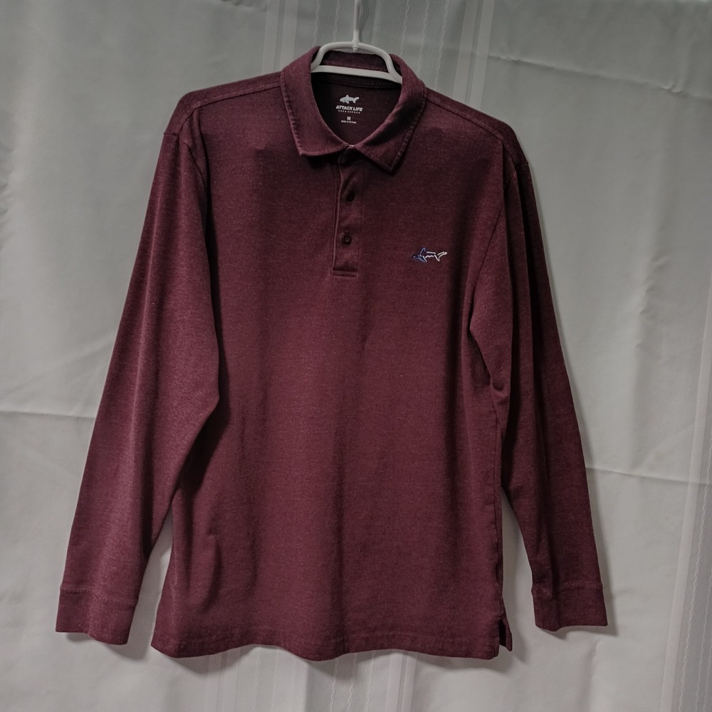 Attack Life Greg Norman Mens Medium Burgundy Heather Long Sleeve Polo Shirt HO18